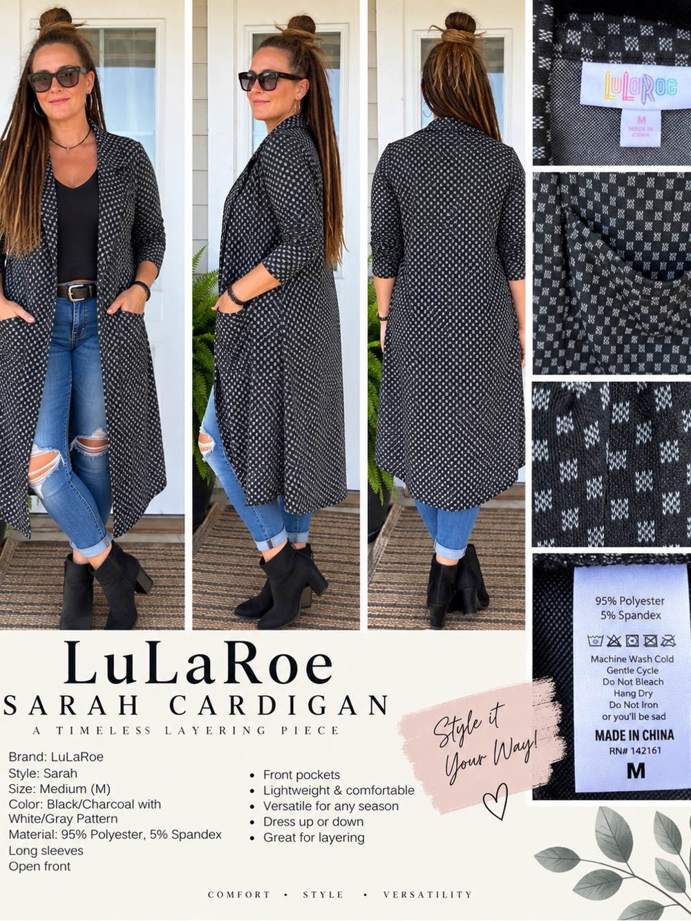 LuLaRoe Sarah Long Open-Front Cardigan in Black and White